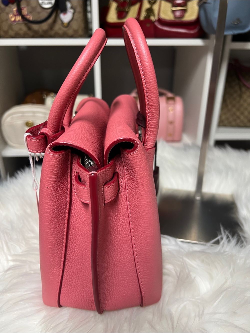 MCM Coral Pink Leather Top-Handle Satchel with Burgundy Tag - Picture 6 of 10